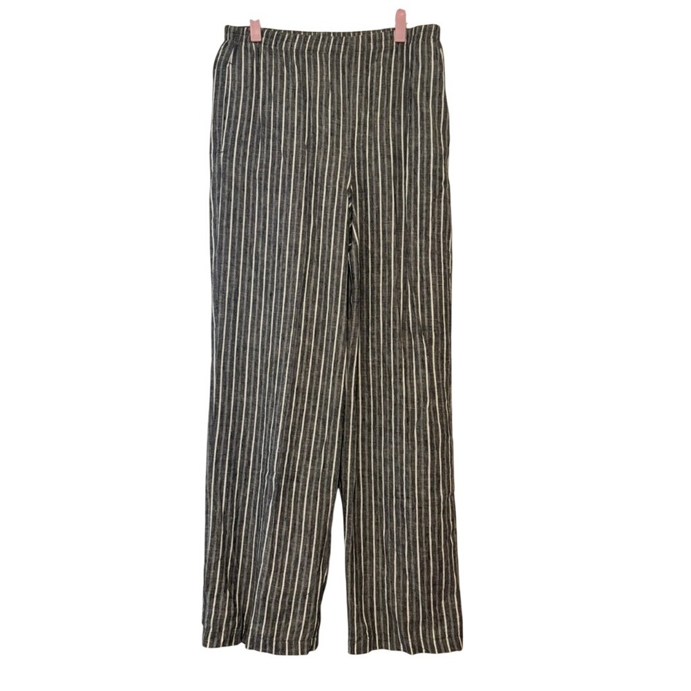Karen Kane sz M all linen black stripe wide leg elastic waist pull on pants K